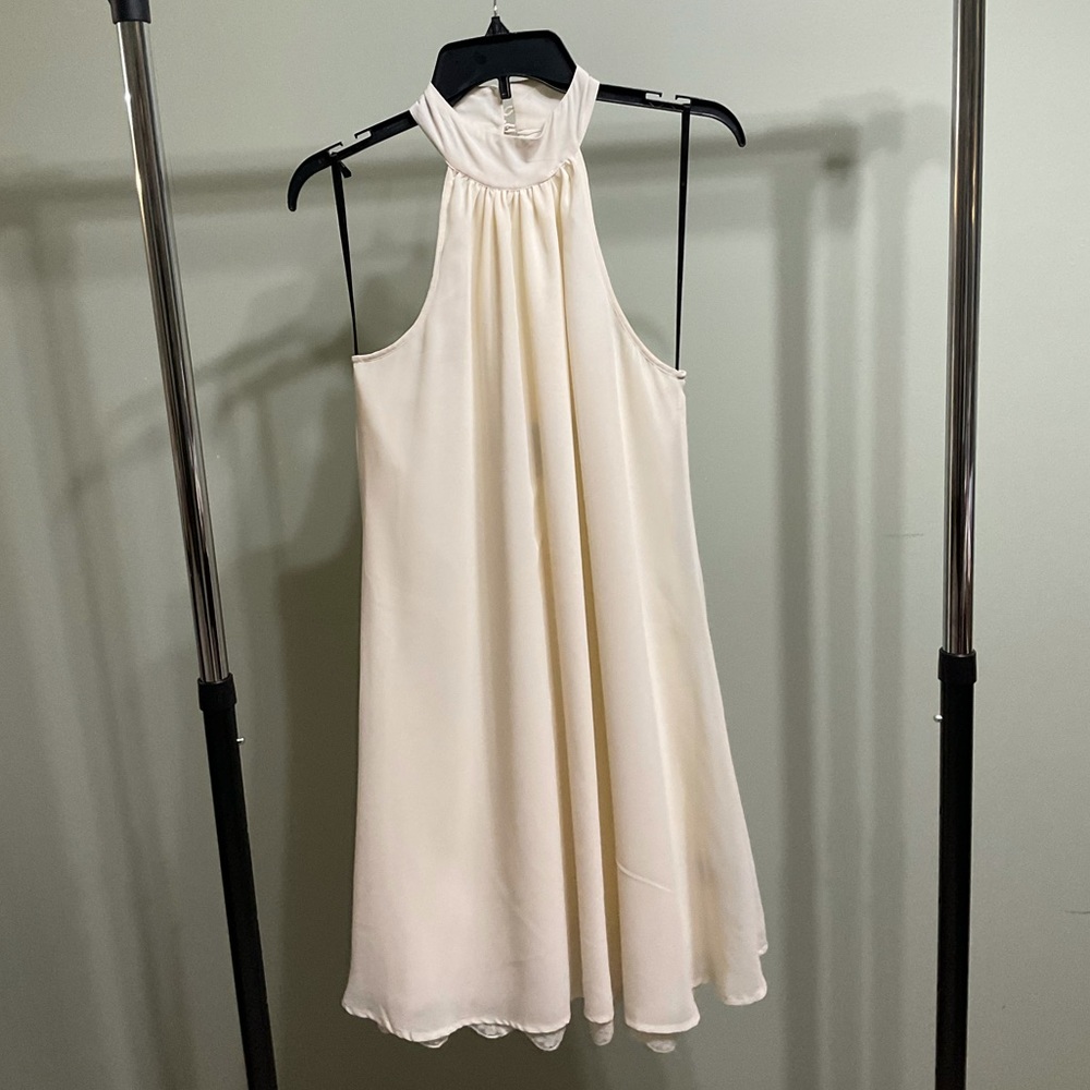 Kardashian Kollection cream chiffon sleeveless dress, lace detail, halter top